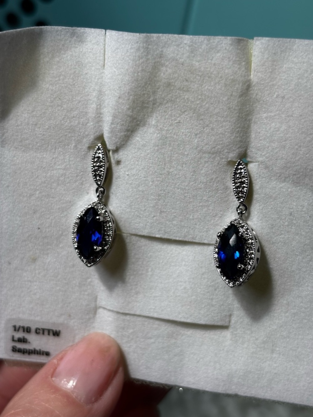 Sterling Sapphire (lab) Teardrop Drop Earrings w/ Accent Stones Sterling Silver
